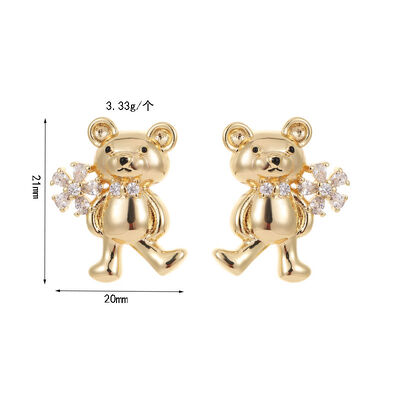 quality 14K Gold Plated Fashionable Zircon Jewelry Earrings with Bear Shaped Silver Needle Studs Cute Women's Jewelry Accessories factory