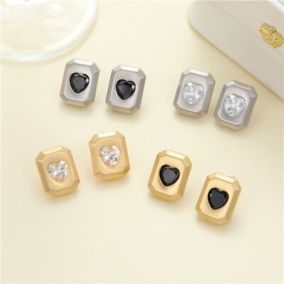 quality Wholesale Korean Style Trendy Brushed Effect Brass Square Heart CZ Stud Earrings High Quality Gold Silver Plating for Women factory