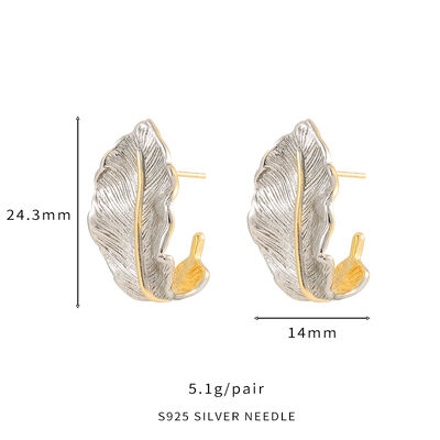 quality Hot Selling Fashion Two Tone Plated Feather Hypoallergenic Silver Pin Stud Earrings Women Birthdays Parties Anniversaries Gift factory