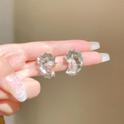 quality Fashion New Design Women Jewelry Earrings Pink and White Zircon Flower Petals 925 Silver Post with Left and Right Studs Earring factory