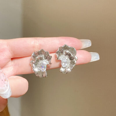 quality Fashion New Design Women Jewelry Earrings Pink and White Zircon Flower Petals 925 Silver Post with Left and Right Studs Earring factory