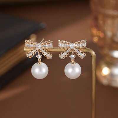 quality Wholesale Micro Insert Zircon Bowknot Pearl Brass 14K Real Gold Fashion Korean Silver Needle Earrings Women Jewelry factory