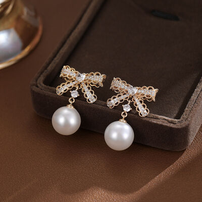 quality Wholesale Micro Insert Zircon Bowknot Pearl Brass 14K Real Gold Fashion Korean Silver Needle Earrings Women Jewelry factory