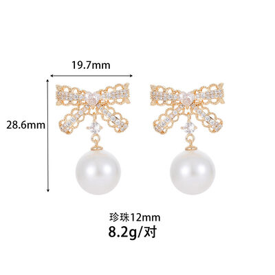 quality Wholesale Micro Insert Zircon Bowknot Pearl Brass 14K Real Gold Fashion Korean Silver Needle Earrings Women Jewelry factory