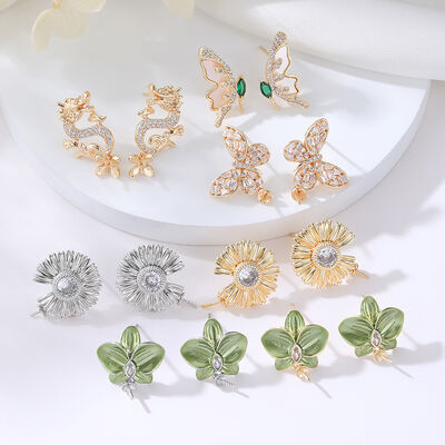 quality Brass 14K Gold Plated 925 Silver Needle Zircon Dragon Flower Butterfly Enamel Leaf DIY Jewelry Earrings Accessories factory