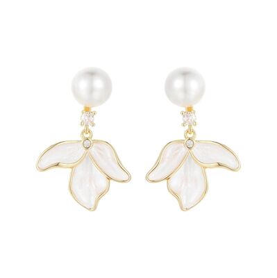 quality Jiexing Fashion 925 Silver Needle Studs 14k Plated Gold Enamel Pearl Flower Leaf Zircon Women's Jewelry Earrings factory