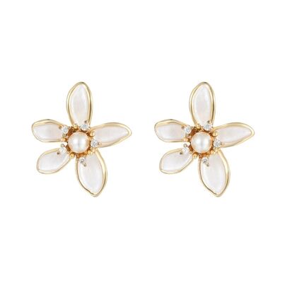 quality Jiexing Fashion 925 Silver Needle Studs 14k Plated Gold Enamel Pearl Flower Leaf Zircon Women's Jewelry Earrings factory
