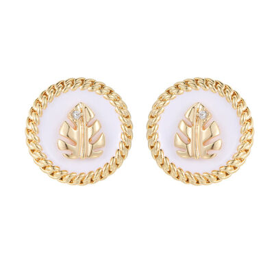 quality Fashion Gold Plated Round Earring Studs Enamel Leaves Zircon Fried Dough Twists Edge Women's Earrings factory