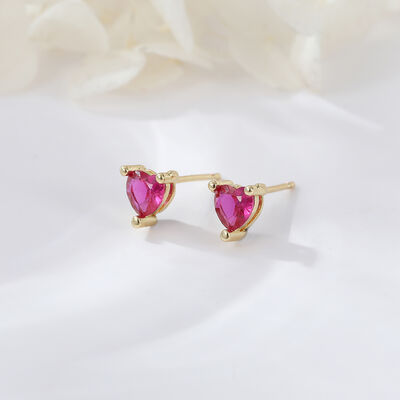 quality Custom 14K Gold Plated Brass Mini Cubic Zirconia Red Heart Stone Diamond Stud Earrings Jewellery Wholesale for Women factory
