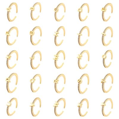 quality Brass Fashion English Alphabet Ring 14K Gold Zircon Open Ring Jewelry Diy Adjustable Letter A-Z Ring factory
