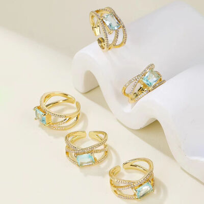 quality Jiexing Trendy Finger Rings 14K Gold Plated Adjustable Blue Hollow Zircon Finger Ring Women Jewelry factory