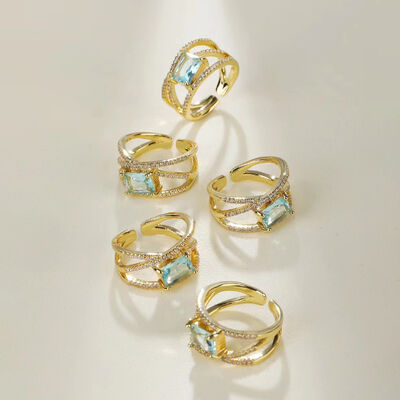 quality Jiexing Trendy Finger Rings 14K Gold Plated Adjustable Blue Hollow Zircon Finger Ring Women Jewelry factory