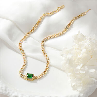 Quality Jiexing Fashion Jewelry Necklaces for Women Brass Cuban Chain Green Zirconia 14K Gold Plated High Quality factory