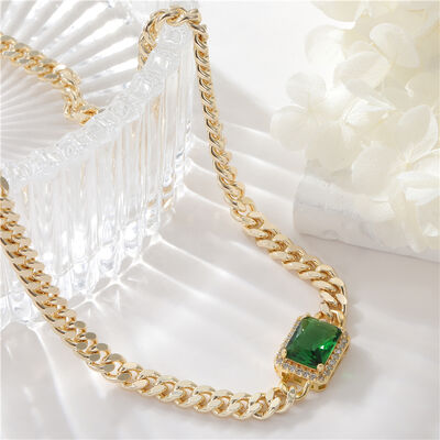 Quality Jiexing Fashion Jewelry Necklaces for Women Brass Cuban Chain Green Zirconia 14K Gold Plated High Quality factory