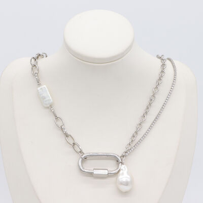 quality Statement Minimalist Ladies Gold Plated Jewelry Paper Clip Pearl Pendant Long Necklace Wholesale factory