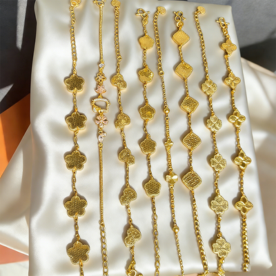Quality Personalized Trendy Jewelry 14K Gold Plated Brass Zircon Gold Four Leaf Clover Ladies  Link Chain Clover Bracelet factory