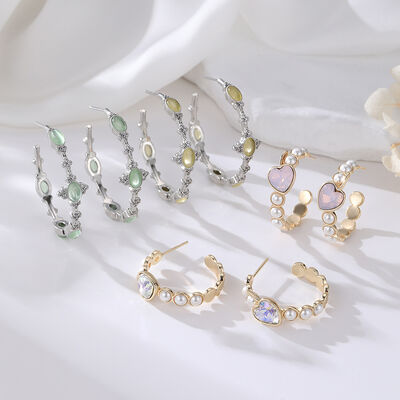 Quality Wholesale Gemstone Pearl Huggie Hoop Earrings Women Vintage 14K Gold Silver Plated Zircon Heart Oval  C Shaped Hoop Earrings factory