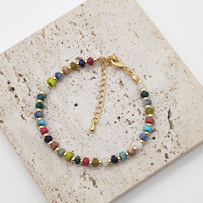 Quality Vintage Boho Style Multi Color Natural Gemstone Beaded Bracelet Brass 14K Gold Plated Adjustable Holiday Fashion Bracelet factory
