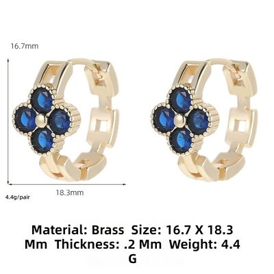 Quality Gold Plated Clover Huggie Hoop Earrings Blue White Cubic Zirconia Chain Link Ear Buckle Earrings Vintage Luxury Women Jewelry factory